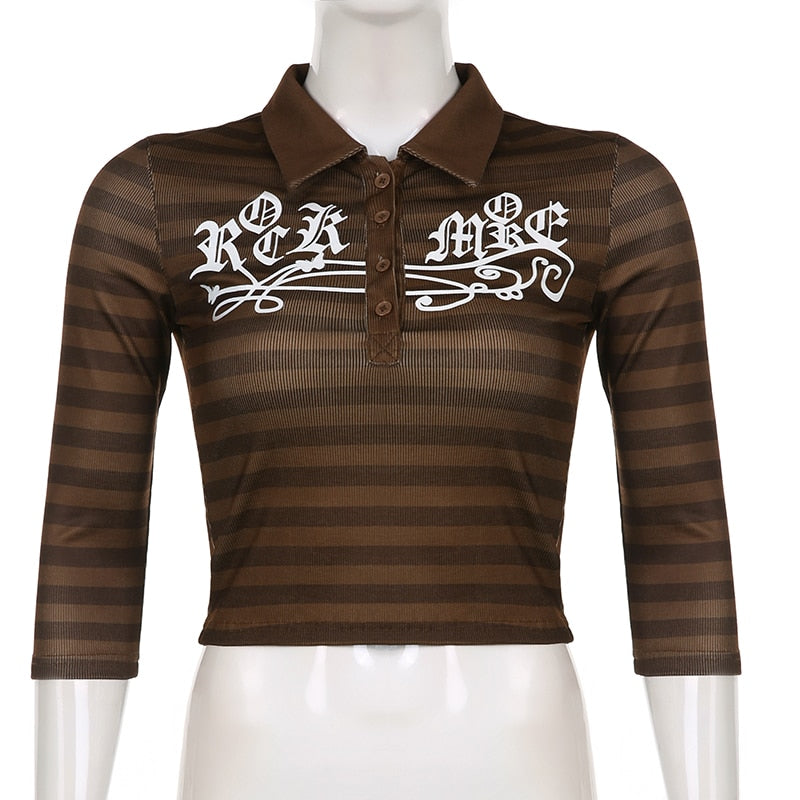 Goth Print Tops Stripe Cute T-Shirts Dark Academia Techwear Button Up V Neck Half Sleeve Sweat Shirts - MERGE.DAY.1.FREESTYLE