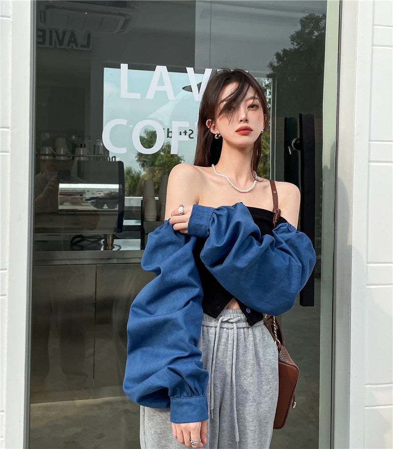 Patchwork Denim Shirts Women French Square Collar Puff Blouses Long Sleeve Crop Tops - MERGE.DAY.1.FREESTYLE