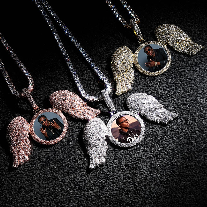 Angel Wings Custom Photo Medallion Necklace Iced Out Cubic Zirconia Pendant Hip Hop Jewelry - MERGE.DAY.1.FREESTYLE