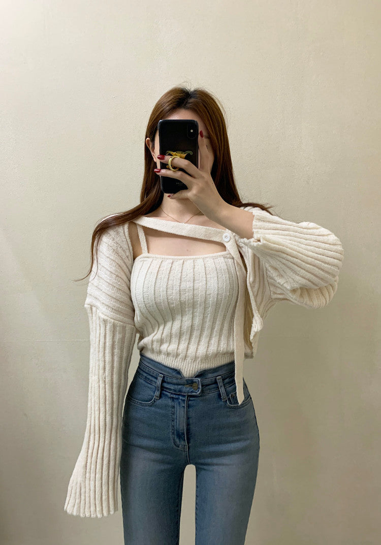 Camisole Knitted Cardigans Women Two Piece Sets 2021 Autumn Sweater Jacket Woman - MERGE.DAY.1.FREESTYLE