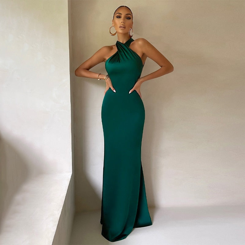 Solid Satin Halter Sleeveless Slim Bodycon Maxi Dress - MERGE.DAY.1.FREESTYLE