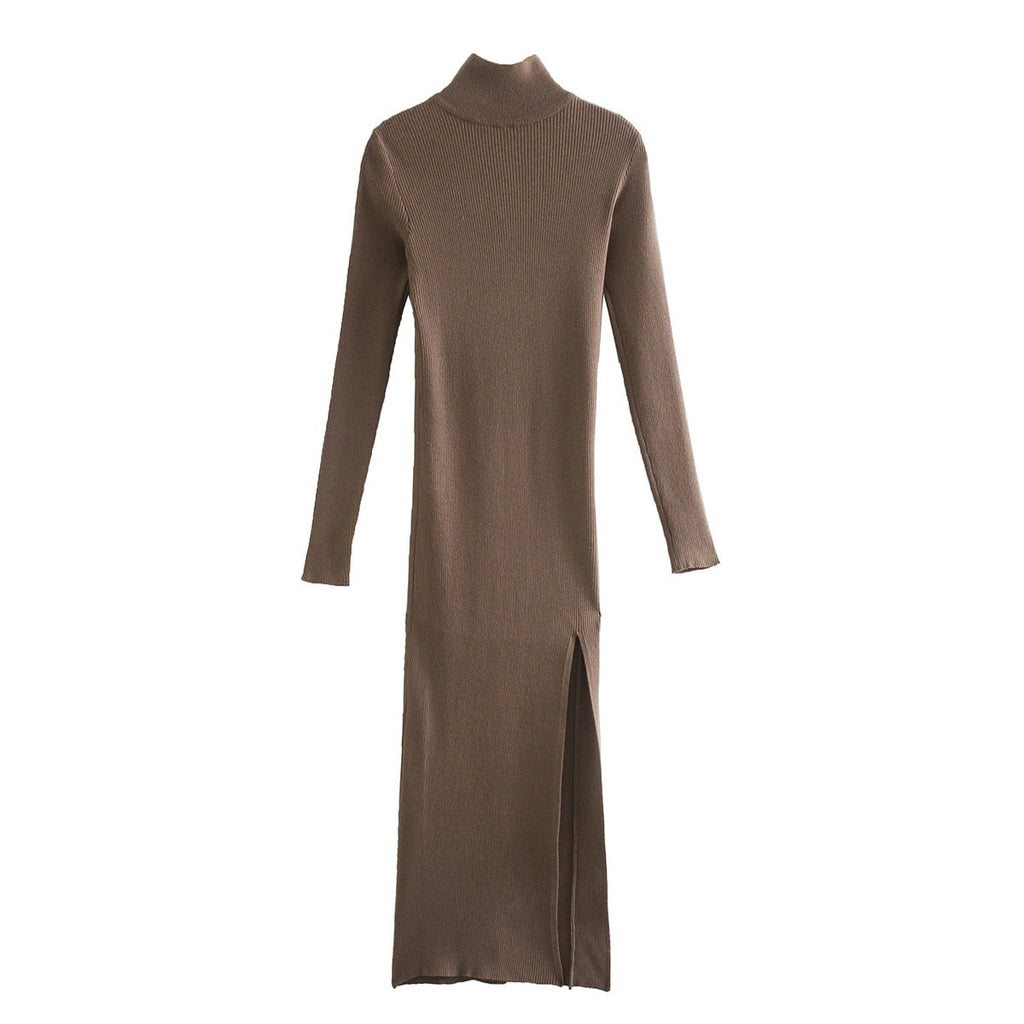 Long Sleeves High-Neck Elastic Midi Dress Lady Knit Sweater Dresses - MERGE.DAY.1.FREESTYLE