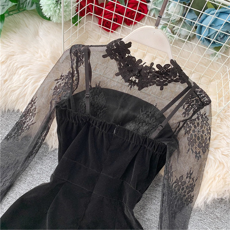 Long Sleeve Lace Embroidery Shirt Women Double Breasted Playsuits Slim Velvet Jumpsuits - MERGE.DAY.1.FREESTYLE