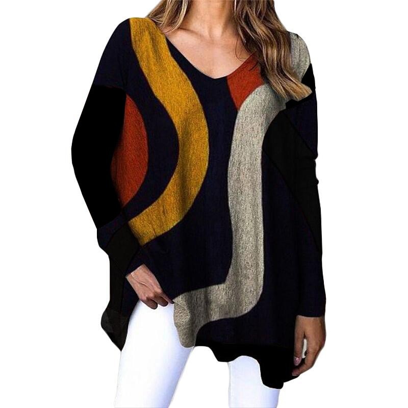 Striped Long Sleeve Printed T-Shirt Fashion V-Neck Streetwear Ladies Large Size Casual Top - MERGE.DAY.1.FREESTYLE