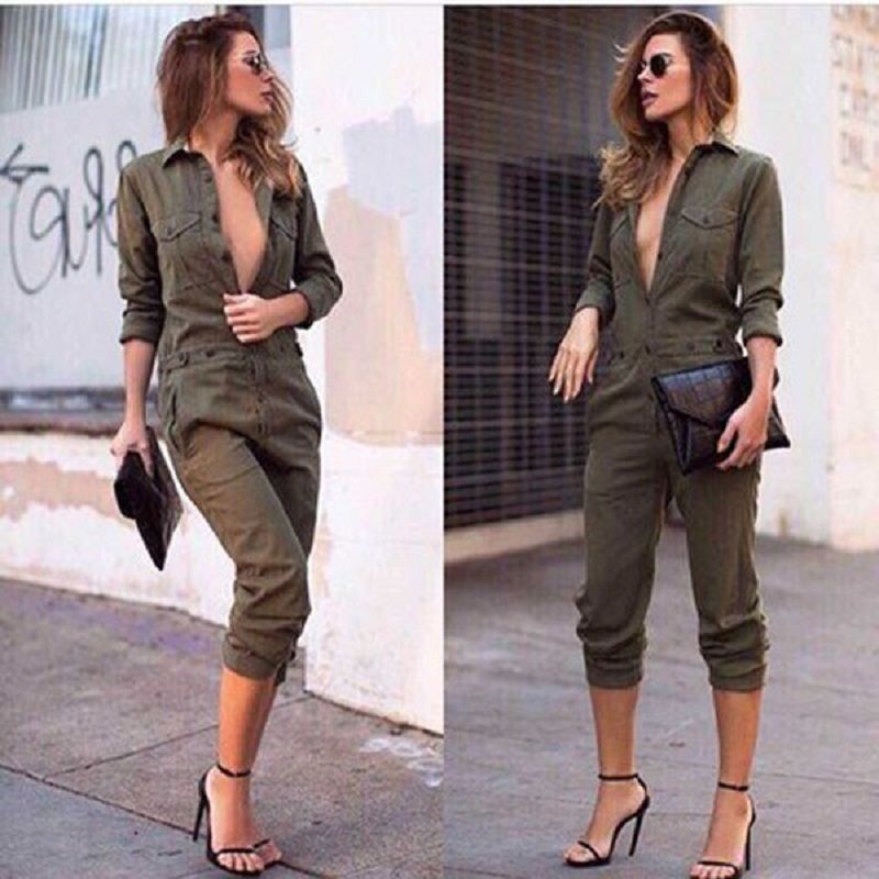 Vintage Romper Long Pants Women Slim Bodycon Long Sleeve Army Green Solid Jumpsuit - MERGE.DAY.1.FREESTYLE