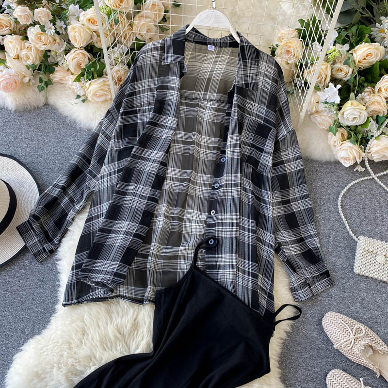 Two Piece Set Long Sleeve Plaid Grey Overcoats Spaghetti Strap Slim Dress - MERGE.DAY.1.FREESTYLE
