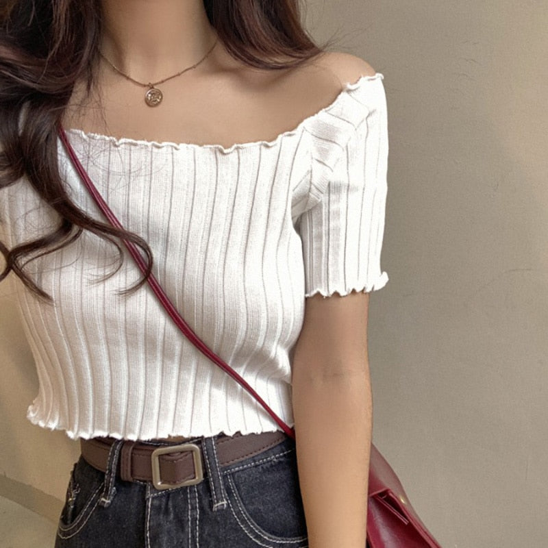 Women Off Shoulder T-shirts Knitted Ruffles Hem Crop Tops Short Sleeve T-shirts - MERGE.DAY.1.FREESTYLE