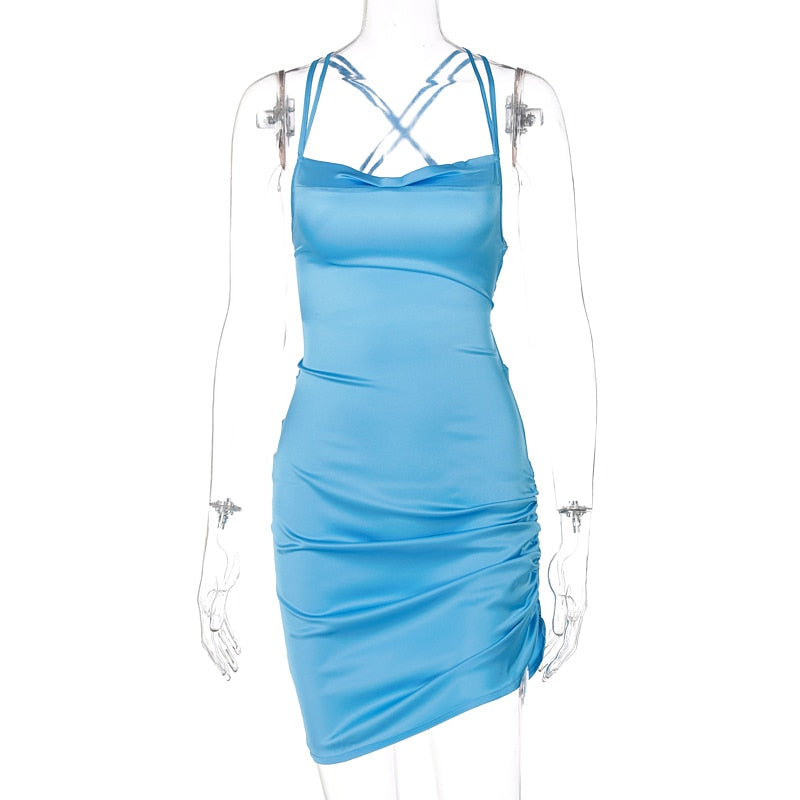 Satin Women Strap Mini Dress Ruched Lace Up Cross Bandage Backless Bodycon Sexy Party Elegant - MERGE.DAY.1.FREESTYLE