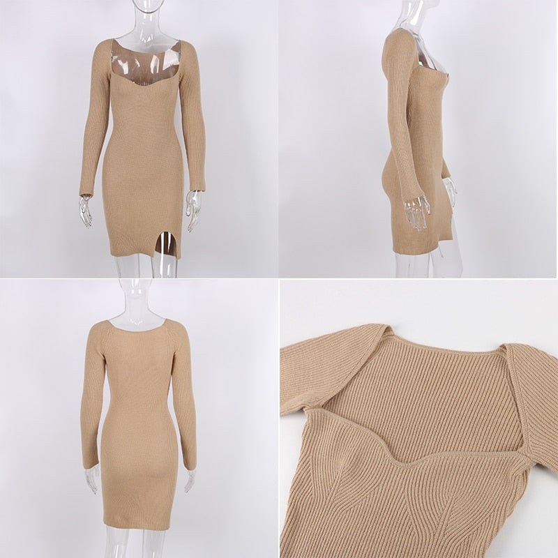 2022 Knitted Green Midi Sexy Bodycon Women Dress Spring Long Sleeve Off Shoulder Split Sweater Dresses - MERGE.DAY.1.FREESTYLE
