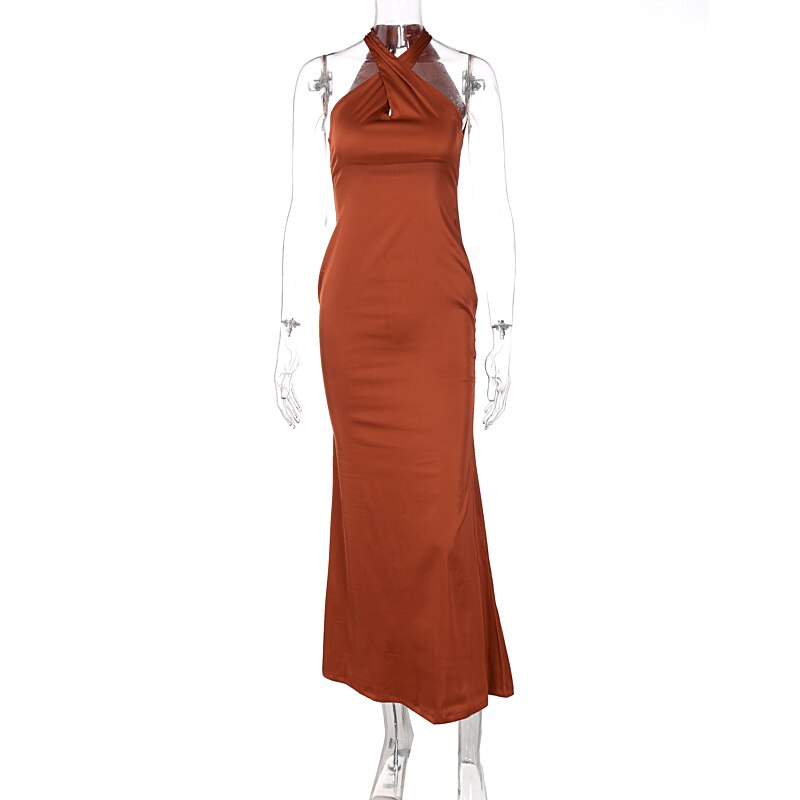 Solid Satin Halter Sleeveless Slim Bodycon Maxi Dress - MERGE.DAY.1.FREESTYLE