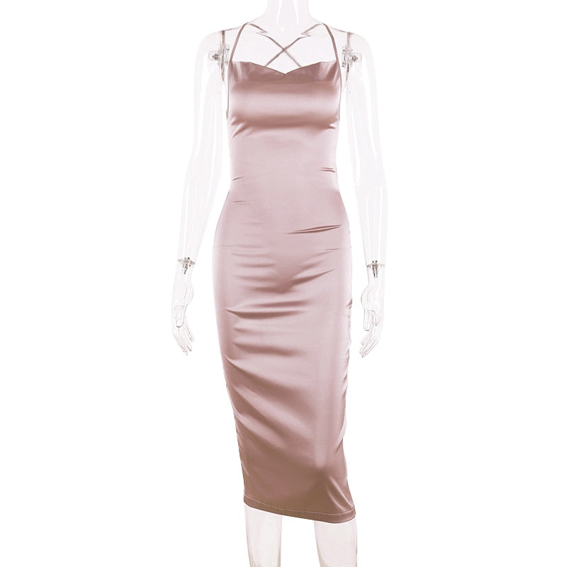 neon satin lace up 2022 summer women bodycon long midi dress sleeveless backless elegant party - MERGE.DAY.1.FREESTYLE