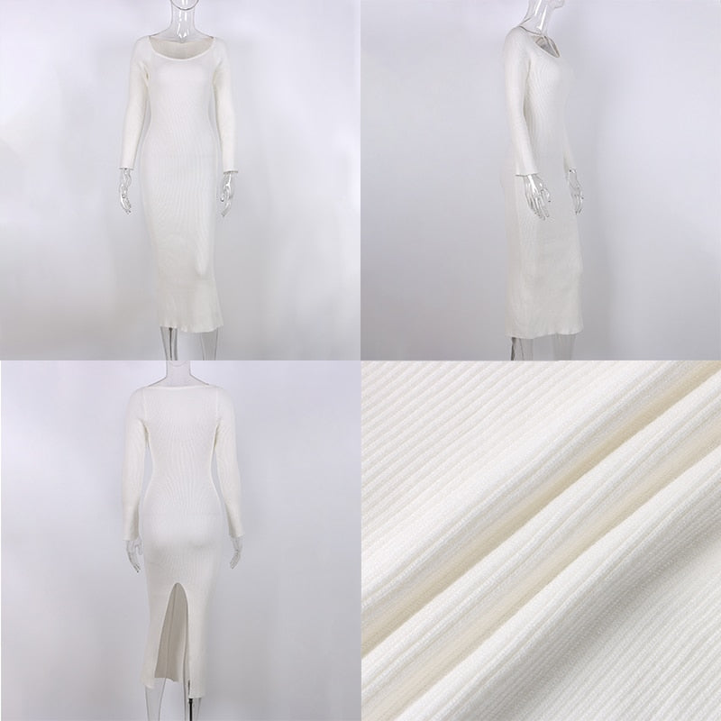 2022 Knitted Green Midi Sexy Bodycon Women Dress Spring Long Sleeve Off Shoulder Split Sweater Dresses - MERGE.DAY.1.FREESTYLE