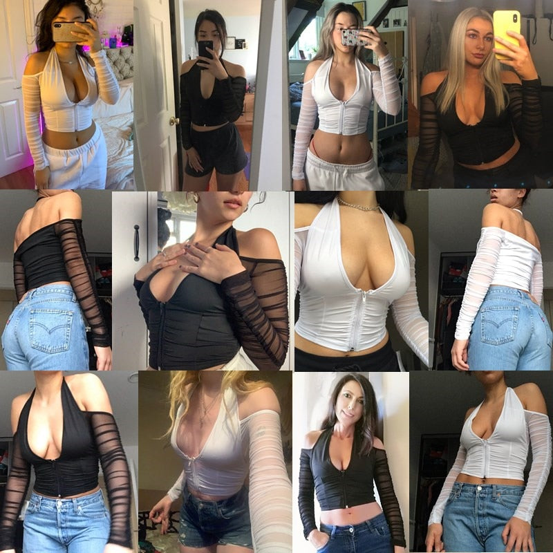 Mesh Shirt Women Tshirt Top Autumn Halter V-neck Off the Shoulder T-shirts Streetwear Top - MERGE.DAY.1.FREESTYLE