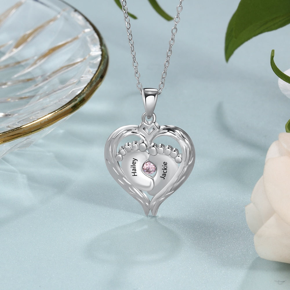 Personalized Baby Feet Necklace with Birthstone Heart Pendant - MERGE.DAY.1.FREESTYLE