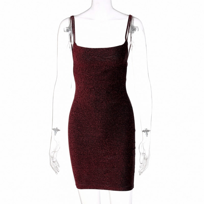 Bling Glitter Sequin Women Strap Mini Dress Ruched Lace Up Backless Bodycon - MERGE.DAY.1.FREESTYLE