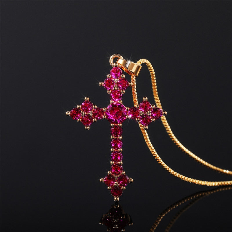 Cross Necklace Fashion White/Rose Red/Green Blue for Women Shiny Stylish Party Accessories - MERGE.DAY.1.FREESTYLE