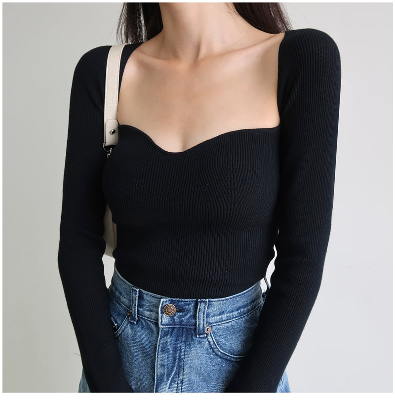 French Vintage Square Neck Knitted Tops Women Skinny Long Sleeve Pullover T-shirts Female - MERGE.DAY.1.FREESTYLE