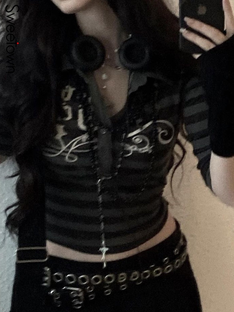 Goth Print Tops Stripe Cute T-Shirts Dark Academia Techwear Button Up V Neck Half Sleeve Sweat Shirts - MERGE.DAY.1.FREESTYLE