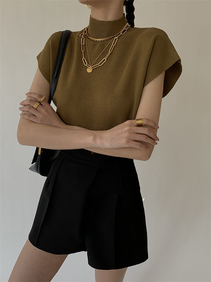 French Turtleneck Knitted Women Spring Summer Design Loose Short Sleeve Cropped Tops Female - MERGE.DAY.1.FREESTYLE
