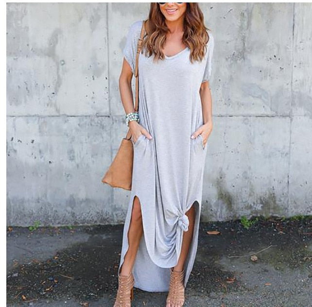 Plus Size 5XL Sexy Women Dress Summer 2022 Solid Casual Short Sleeve Maxi Dresses - MERGE.DAY.1.FREESTYLE
