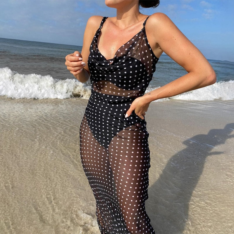 Sleeveless Zip Up Bandage Point Print Mesh See-Through Maxi Dress Sexy Clothings - MERGE.DAY.1.FREESTYLE