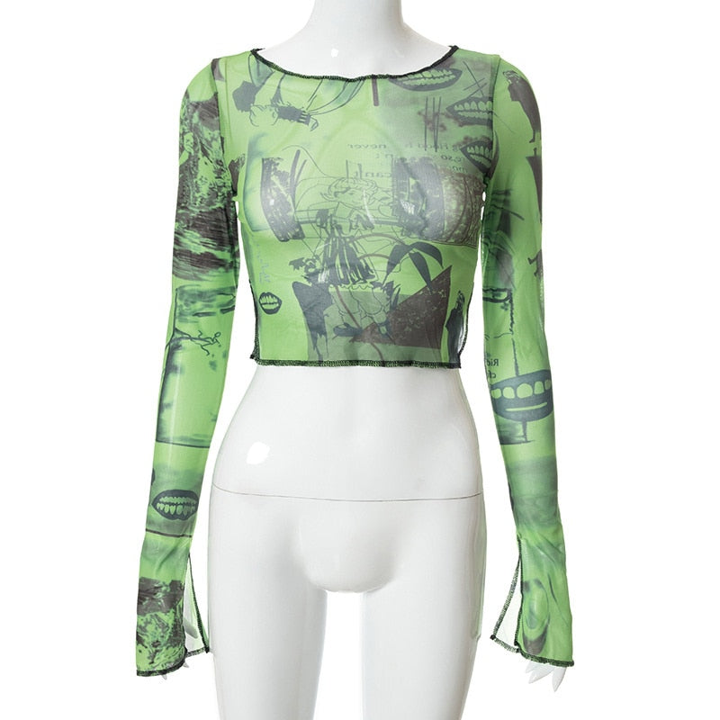 Sexy See Trough Crop Top Graphic Print Green Mesh Sheer T-shirt - MERGE.DAY.1.FREESTYLE
