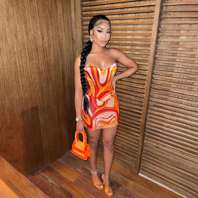 Print Off Shoulder Sleeveless Colorful Crop Top Mini Dress 2 Pieces Suit - MERGE.DAY.1.FREESTYLE