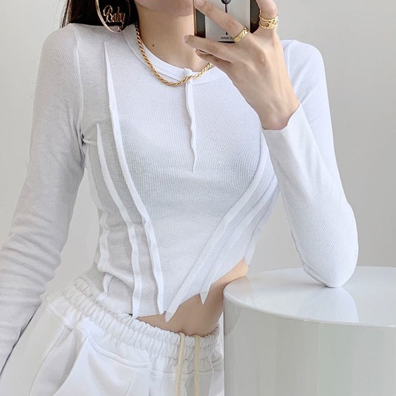 Skinny Crop Tops Women Irregular Oblique Edge T-shirts Female Crewneck Long Sleeve - MERGE.DAY.1.FREESTYLE