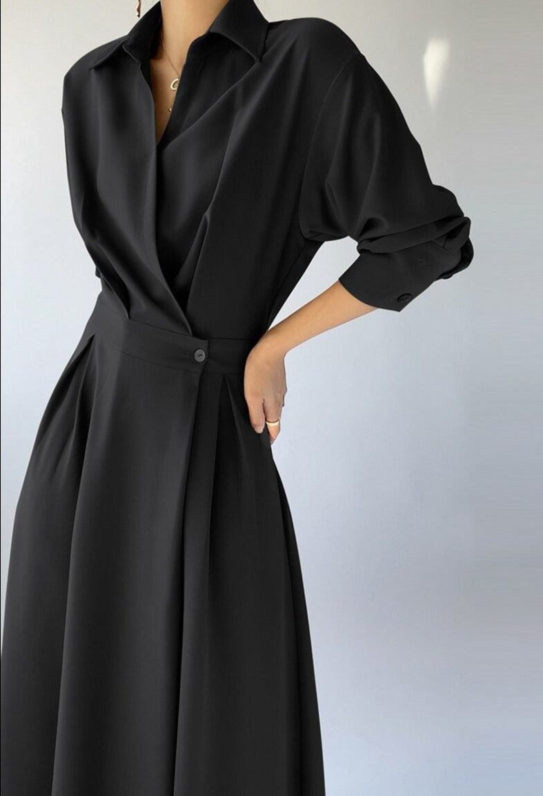 Turn-down Collar Women A-line Dress Long Sleeve Slim Waist Vestidos - MERGE.DAY.1.FREESTYLE