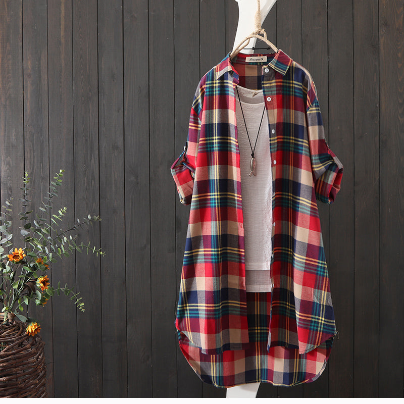 100% Cotton Plaid Shirt Long Sleeve Button Up Casua Loose Blouse Plus Size - MERGE.DAY.1.FREESTYLE