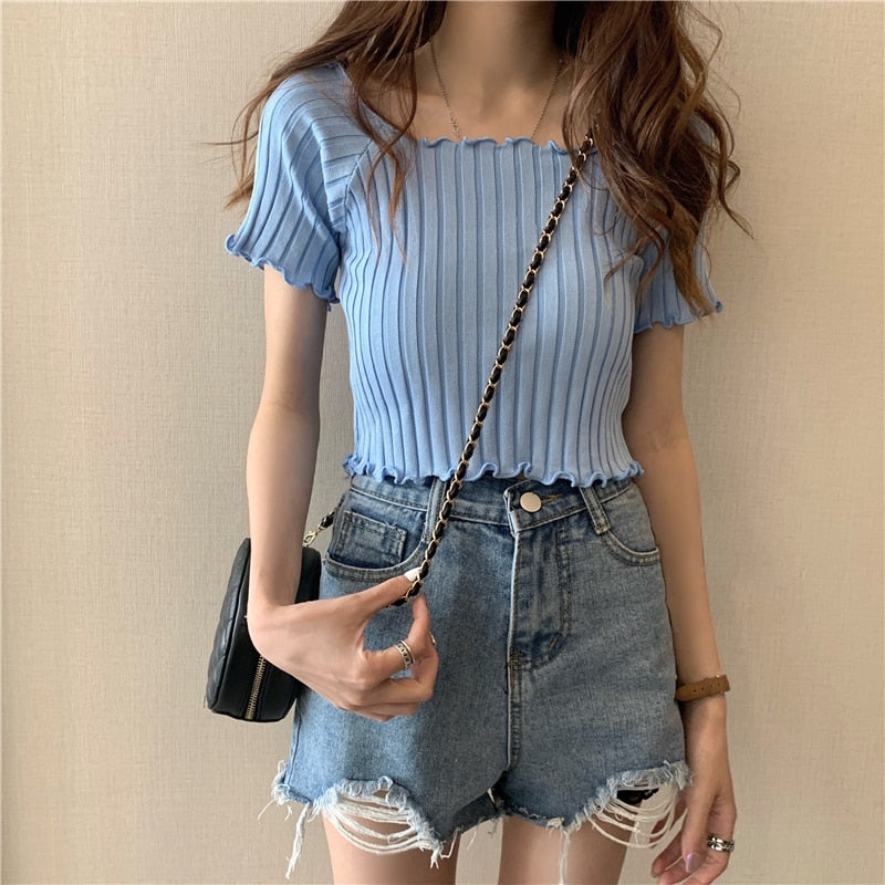 Women Off Shoulder T-shirts Knitted Ruffles Hem Crop Tops Short Sleeve T-shirts - MERGE.DAY.1.FREESTYLE