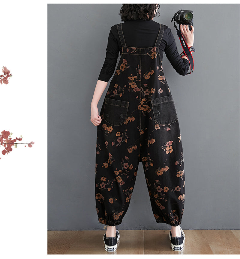 Loose Jeans Black Jumpsuit Casual Ladies Big Pockets Print Floral Denim Overalls Straps Rompers - MERGE.DAY.1.FREESTYLE
