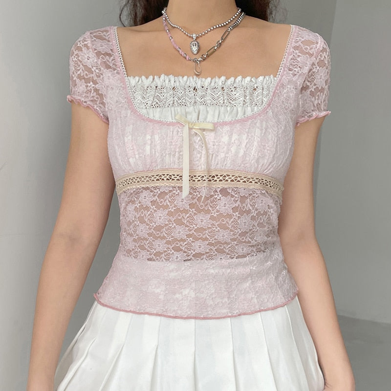 Trim Crop Top Bow Cute Sweet T Shirt Women Retro Short Sleeve Lace Patched Tshirt - MERGE.DAY.1.FREESTYLE