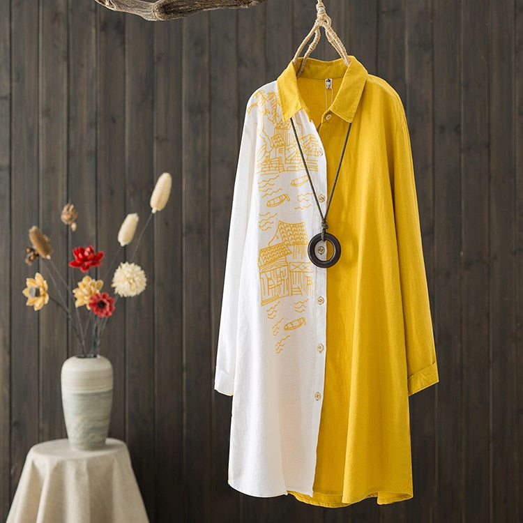Women Cotton Linen Embroidery Blouse Long Sleeve Patchwork Color Top - MERGE.DAY.1.FREESTYLE
