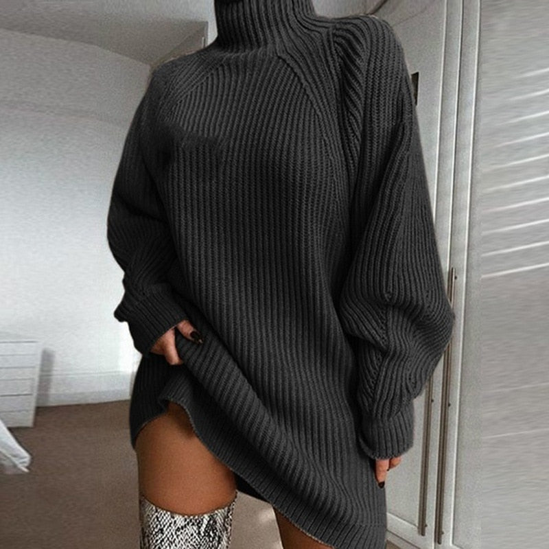 Women Turtleneck Oversized Knitted Dress Solid Long Sleeve Casual Elegant Mini Sweater Dress Plus Size - MERGE.DAY.1.FREESTYLE