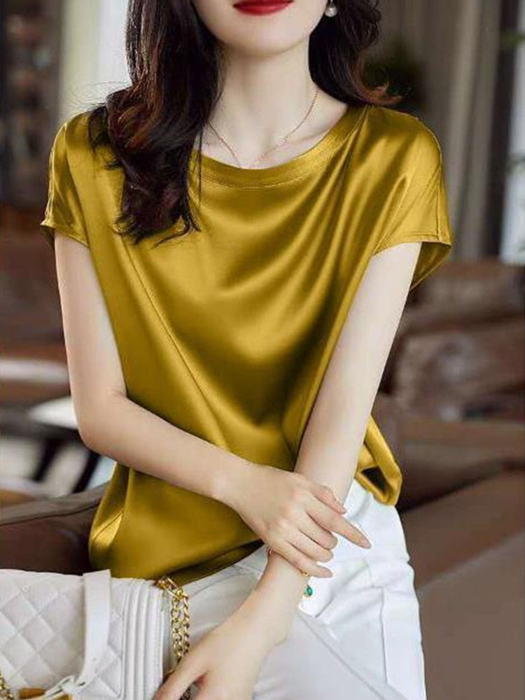 Silk Thin Short Sleeve Tees Style Slip Woman Summer Clothes Brown Tops Solid Loose Casual - MERGE.DAY.1.FREESTYLE