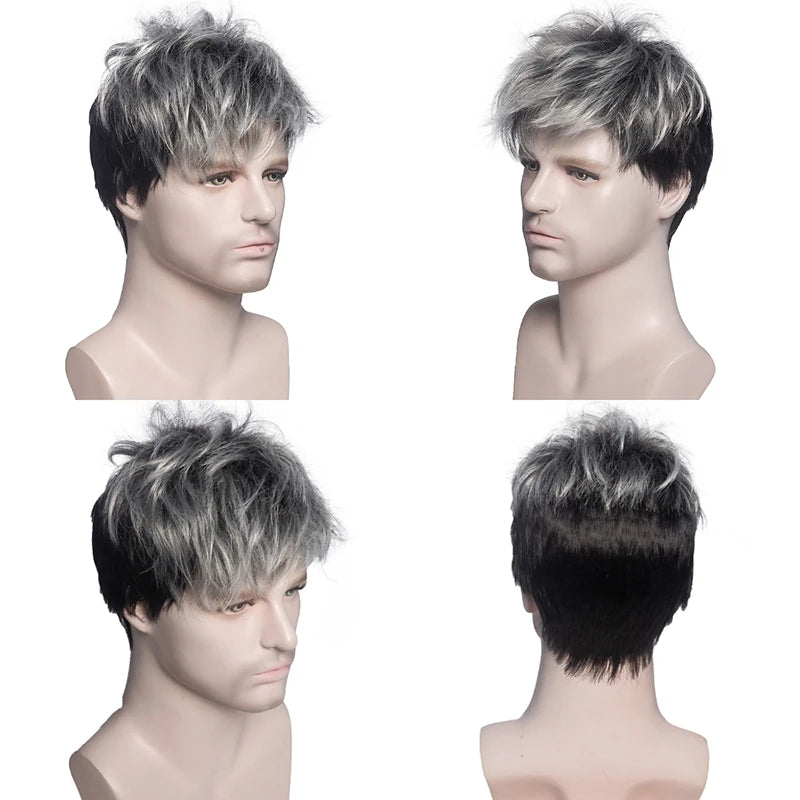 MSIWIGS Men Short Straight Wig Ombre Grey Brown Synthetic Wig White for Male Hair Fleeciness Realistic Natural Headgear - MERGE.DAY.1.FREESTYLE