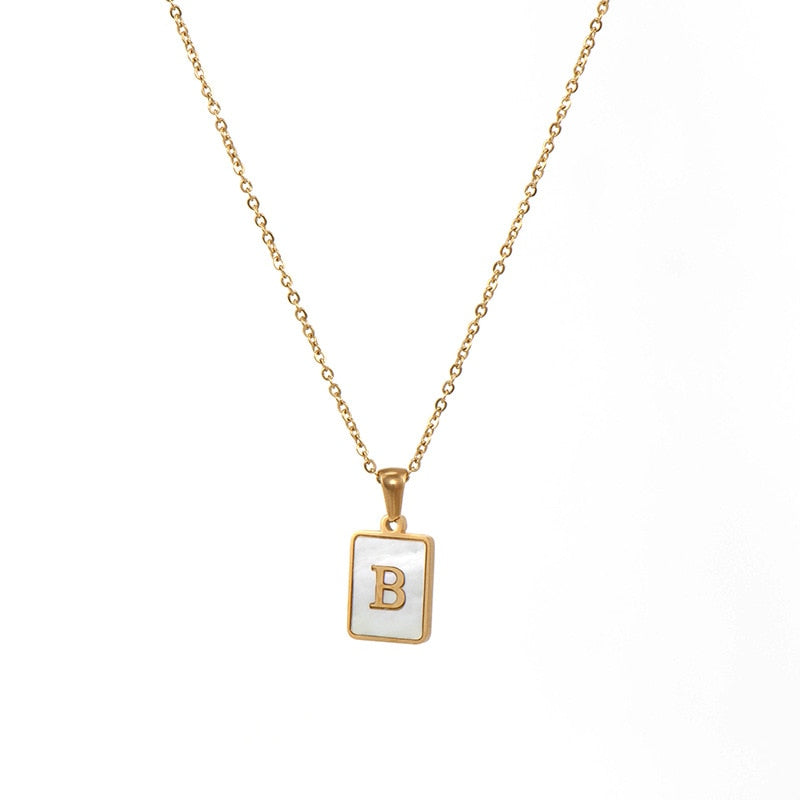 18K Golden Chain Necklaces Male Square Natural Shell Initial Letters Pendant Stainless Steel Jewelry - MERGE.DAY.1.FREESTYLE