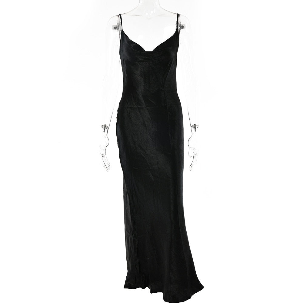 Spaghetti Strap Backless Summer Dress Women Satin Lace Up Trumpet Long Bodycon Dresses - MERGE.DAY.1.FREESTYLE