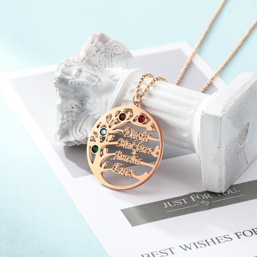 Family Tree Necklace with 4 Birthstones Name Necklace - MERGE.DAY.1.FREESTYLE
