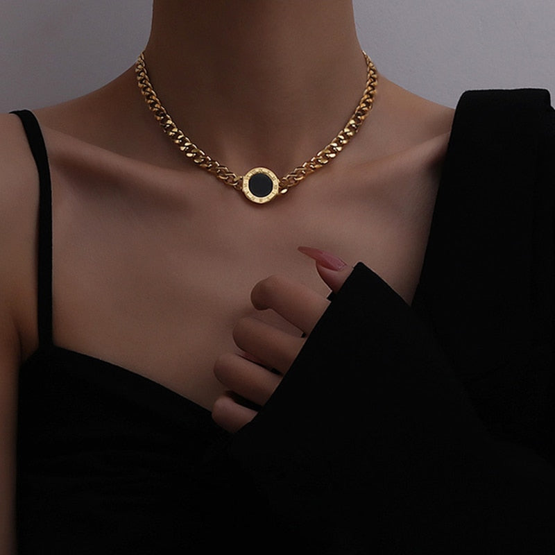 Roman Numerals Black Round Necklace Gold Silver Color Thick Statement Necklaces - MERGE.DAY.1.FREESTYLE