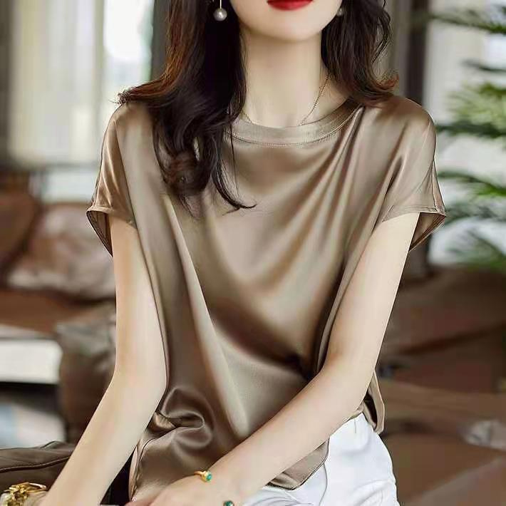 Silk Thin Short Sleeve Tees Style Slip Woman Summer Clothes Brown Tops Solid Loose Casual - MERGE.DAY.1.FREESTYLE
