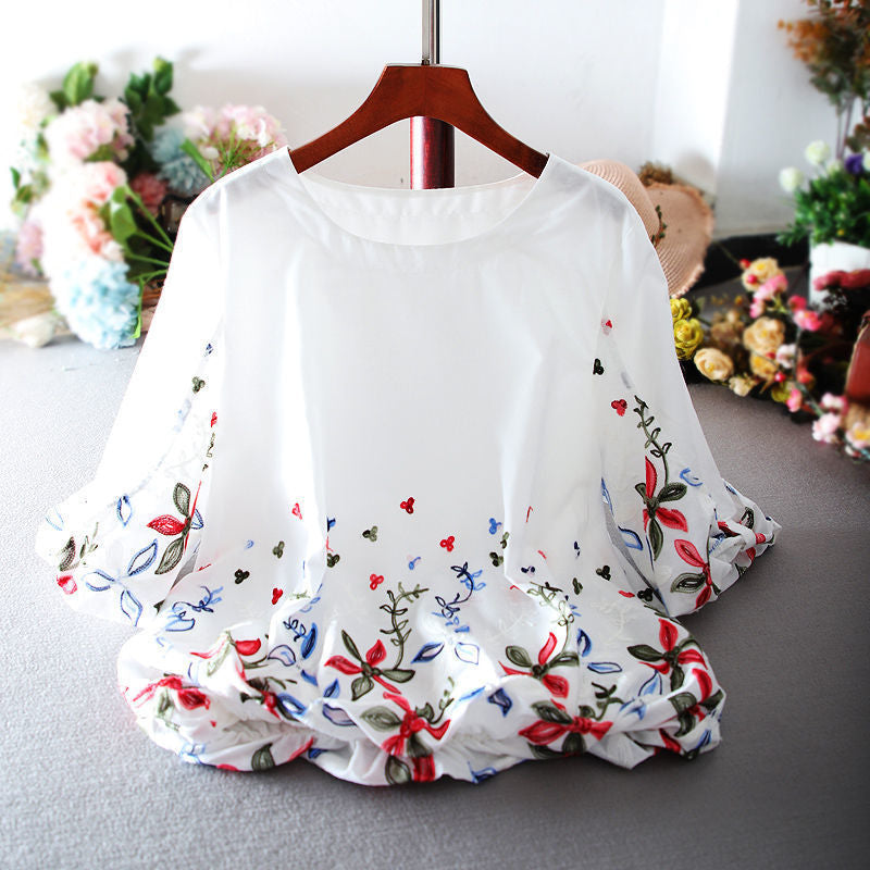 White Chiffon Blouse Short Sleeve Women Stripe Flower Print Top Loose Shirt - MERGE.DAY.1.FREESTYLE