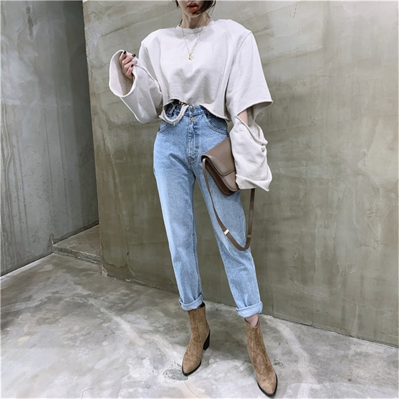 Women Streetwear Loose Female Denim Jeans Buttons Zipper Ladies trouser - MERGE.DAY.1.FREESTYLE