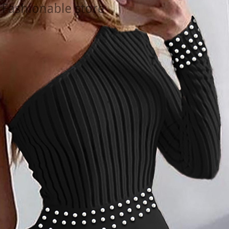 Women Single Shoulder Long Sleeve Beads Design Solid Color Jumpsuit - MERGE.DAY.1.FREESTYLE