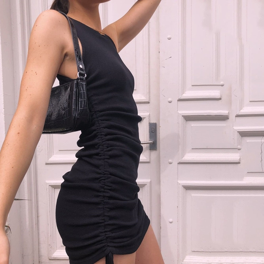 Ribbed Mini Dress Women Off Shoulder Sexy Party O Neck Drawstring Knit Tank Bodycon - MERGE.DAY.1.FREESTYLE