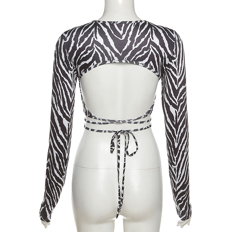 Leopard Zebra Printed Sexy Backless Lace ups Pullover Tees Women O-neck Slim Longsleeve Short T-Shirt - MERGE.DAY.1.FREESTYLE