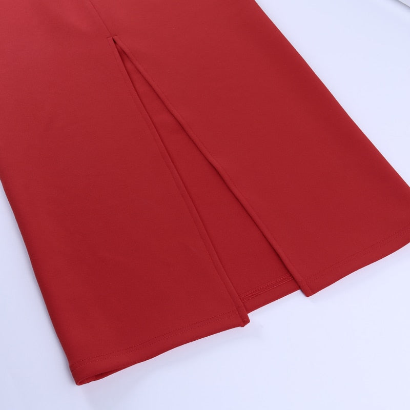 Slim V Neck Long Sleeve Mid Calf Pencil Dress 2022 Casual Office Lady Solid Red Puff Sleeve - MERGE.DAY.1.FREESTYLE