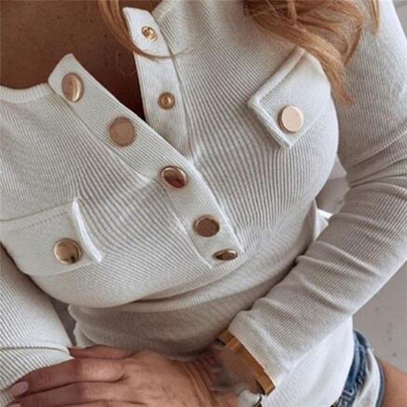 Cotton Women Spring O Neck Pullover Long Sleeve T Shirt Loose Leisure Buttons Feminina Tee Female Tops - MERGE.DAY.1.FREESTYLE