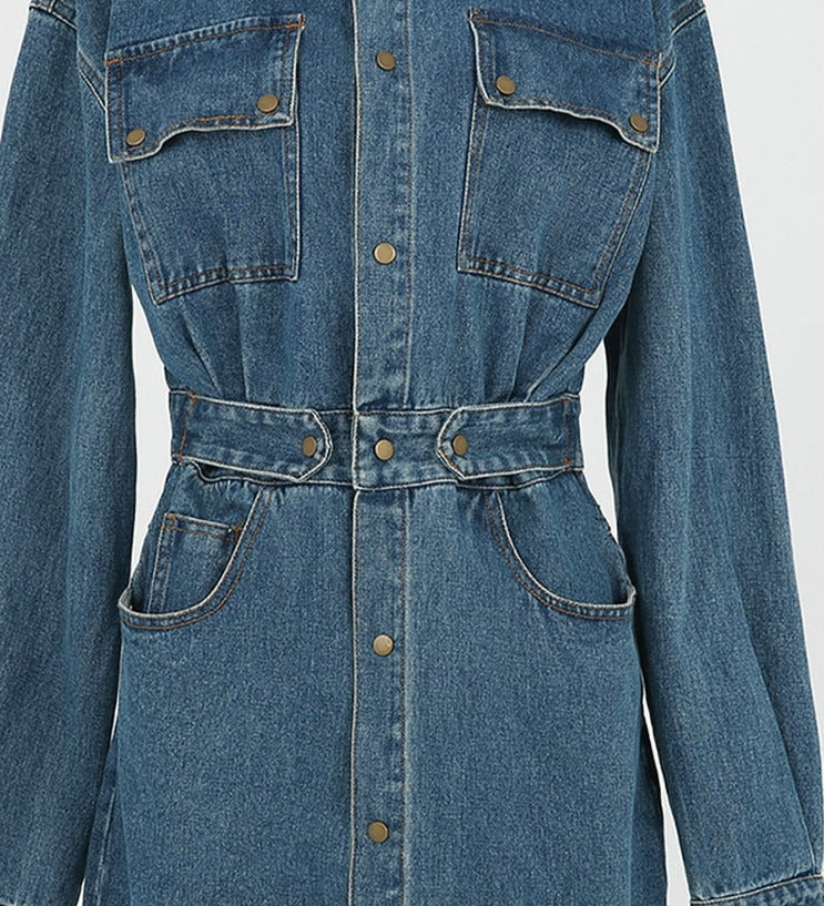 Denim Dress Full Sleeve Single-breasted Pockets Slim Waist Mid-length - MERGE.DAY.1.FREESTYLE